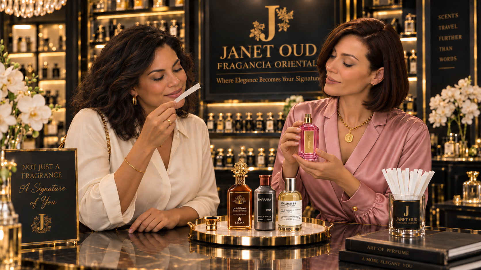 Janet with a returning customer selecting a Dubai oud fragrance at Janet Oud in Miami